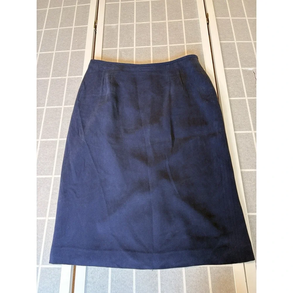 Vintage Travis Ayers Tailored Quiet Lux 100% Silk Midi Pencil Skirt Navy Size 12